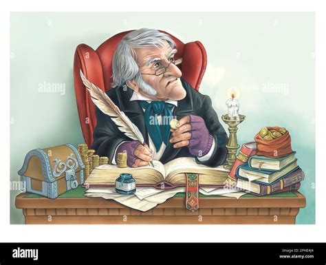 Ilustrácia znázorňujúca postavu Ebenezer Scrooge v tradičnom viktoriánskom oblečení, obklopeného vianočnou atmosférou.