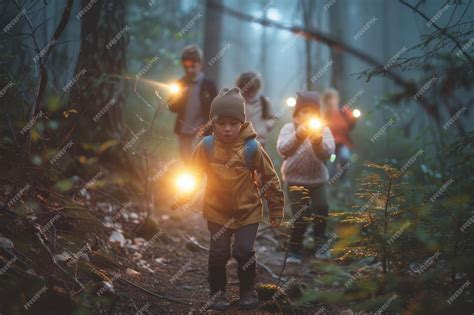 children with flashlights exploring a 
