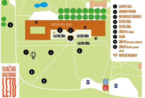 Mapa okolia Kúpeľov Sliač s vyznačenými rekreačnými zariadeniami