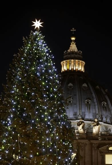 Vianočný strom na Svätopeterskom námestí vo Vatikáne s tradičnou výzdobou.