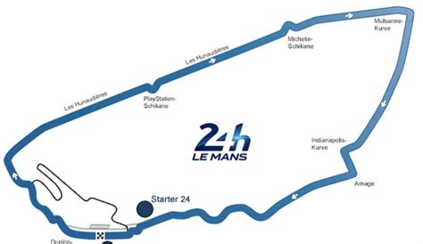 Letecký záber na okruh Circuit de la Sarthe s vyznačenými technickými úsekmi a slávnou rovinkou Mulsanne.