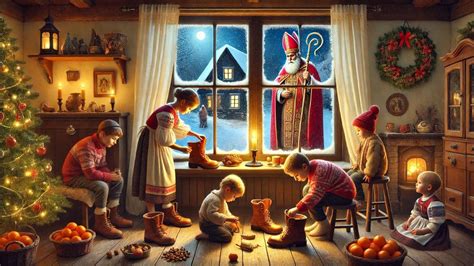 Koláž fotografií zobrazujúca rôzne mikulášske tradície: vyčistené topánky pri okne, vetvičky sv. Barbory, adventný kalendár.