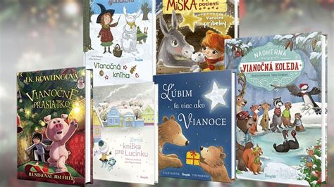 Koláž detských vianočných kníh a aktivít, s usmievavými deťmi pri čítaní