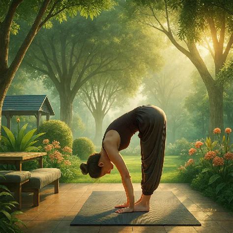 Ilustrácia pozície predklonu (Uttanasana) s dôrazom na dlane na zemi a mierne pokrčené kolená