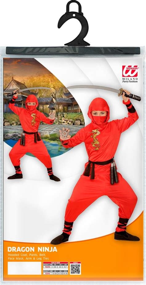 detský kostým červeného ninju s lesklými zlatými akcentmi