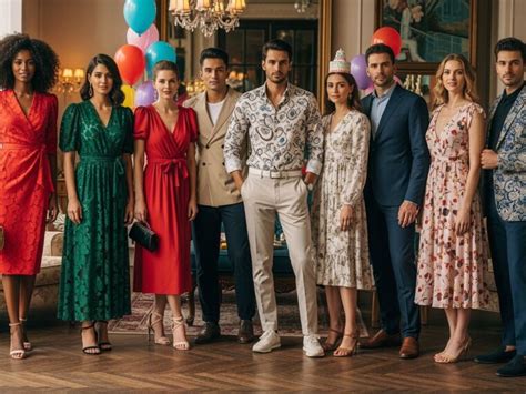 Elegantná skupina ľudí na oslave 30. narodenín v štýlovom interiéri reštaurácie, rôzne typy slávnostného oblečenia