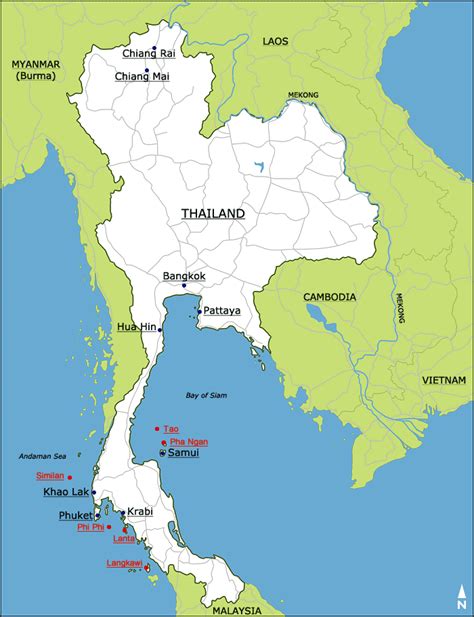 Mapa Thajska s vyznačenými rodinnými destináciami: Bangkok, Phuket, Krabi a Chiang Mai