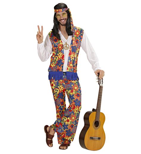 Mužský hippie kostým s farebnou košeľou a zvonovými nohavicami