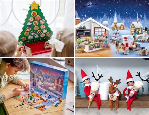 Ilustrácia rôznych typov adventných kalendárov, vrátane tradičných, moderných a ručne vyrobených.