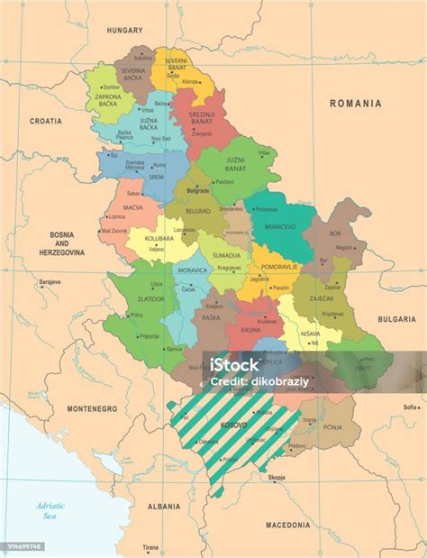 Mapa Srbska znázorňujúca administratívne členenie a geografiu