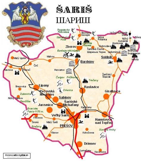 Mapa regiónu Šariš s vyznačenými hradmi a historickými objektmi