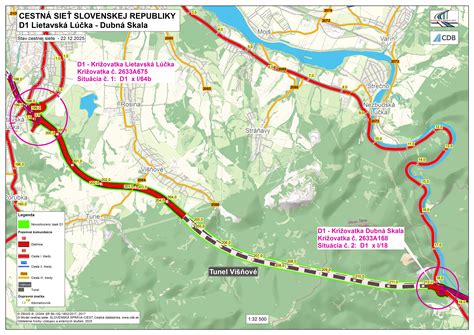 Schéma diaľničného úseku D1 Lietavská Lúčka - Dubná Skala s vyznačením trasy tunela a napojením na existujúcu sieť.