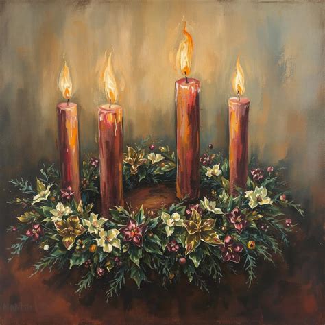 Ilustrácia tradičného adventného venca so zapálenými sviečkami