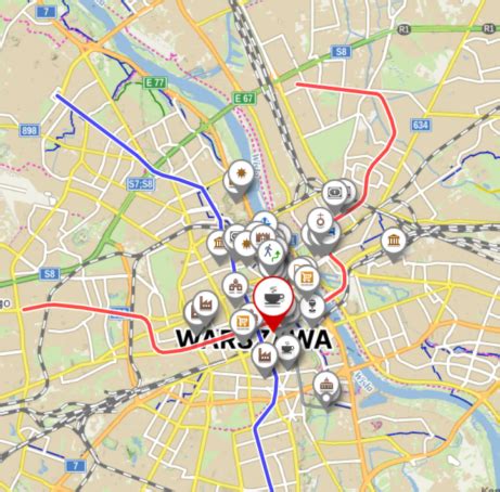 Mapa Varšavy s vyznačenými hlavnými turistickými atrakciami a trasou prehliadky