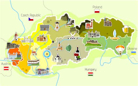 Mapa Slovenska s vyznačenými turistickými atrakciami