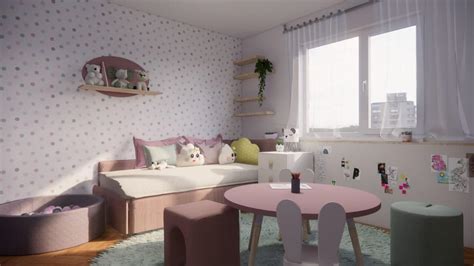 Záber na útulne pripravenú detskú izbu alebo obývačku s jemnými dekoráciami a kvetmi.