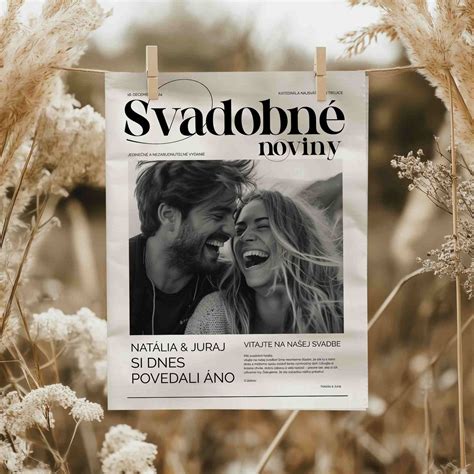 Príklad titulnej strany svadobných novín s fotografiou páru a kreatívnym dizajnom