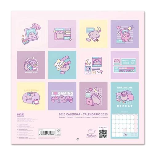 Nástenný kalendár Pusheen na rok 2025 s ukážkou jedného z mesačných obrázkov.