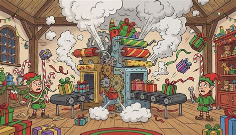 Ilustrácia Santovej dielne plnej škriatkov a darčekov.