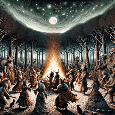 Ilustrácia zobrazujúca keltský sviatok Samhain s ohňami a ľuďmi v kostýmoch.