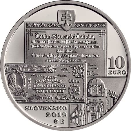 Detail rubovej strany 10 euro mince s portrétom Michala Bosáka a vyobrazením Bosákovej banky v Scrantone