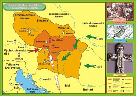 Mapa Veľkomoravskej ríše za vlády Svätopluka I. s vyznačenými expanziami