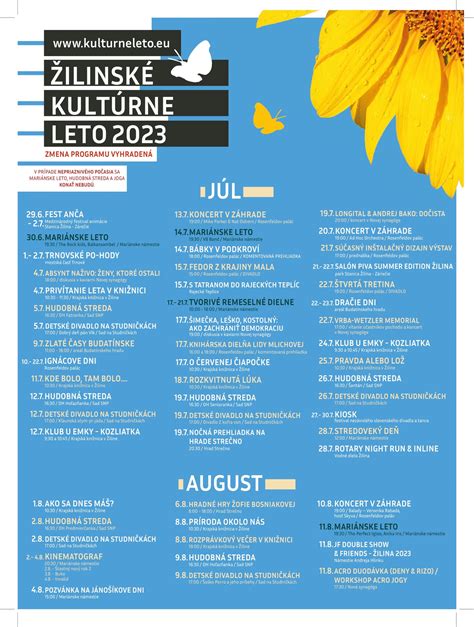 Informačná schéma letných kultúrnych podujatí v Michalovciach rozdelená podľa mesiacov jún, júl a august