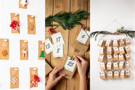 Ukážka adventného kalendára vyrobeného z rôzne veľkých papierových krabičiek ozdobených vianočným papierom.