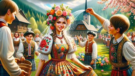 Ilustrácia znázorňujúca tradičné veľkonočné oblievanie vodou na Slovensku