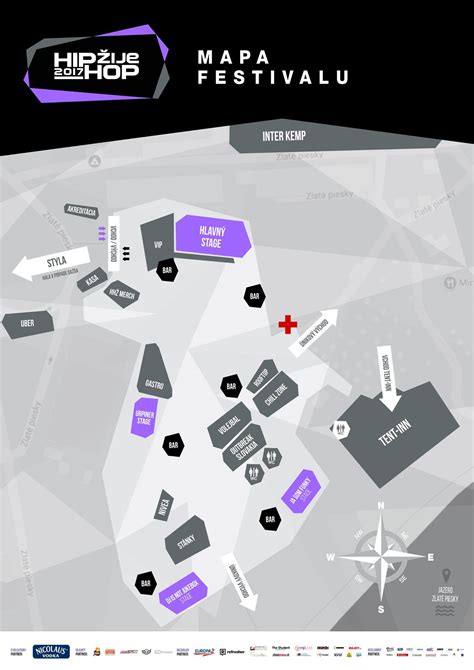 Infografika zobrazujúca mapu areálu festivalu s vyznačenými stage-mi, barmi a plážou