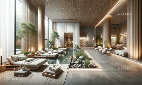 Interior of a modern wellness center with a sauna and a relaxing zone.