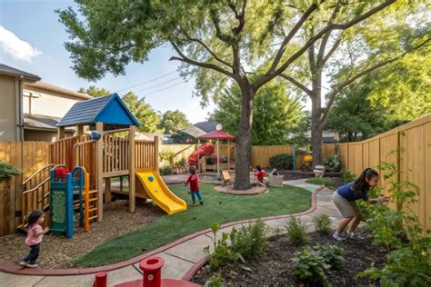 Outdoor children's playground with a trampoline and sandbox in a scenic mountain setting.