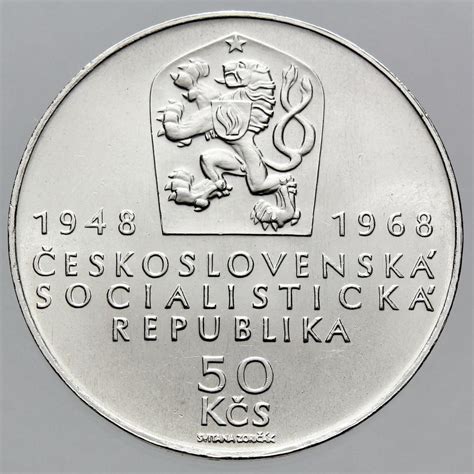Schéma averzu a reverzu pamätnej mince 50 Kčs z roku 1968