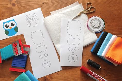 infografika/schéma: potrebné materiály na výrobu sovy zo šišky a filcu