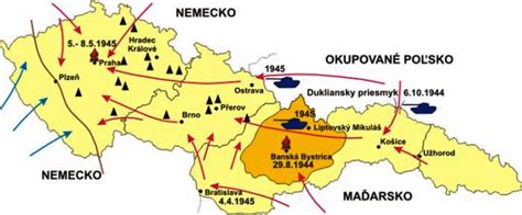 Mapa znázorňujúca postup frontov pri oslobodzovaní Československa