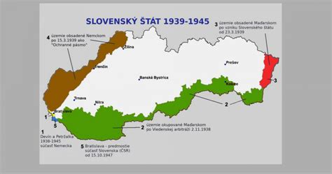 Mapa porovnávajúca územie Slovenského štátu s dnešným Slovenskom, s vyznačenými úbytkami územia po Mníchovskej dohode a prvej Viedenskej arbitráži.