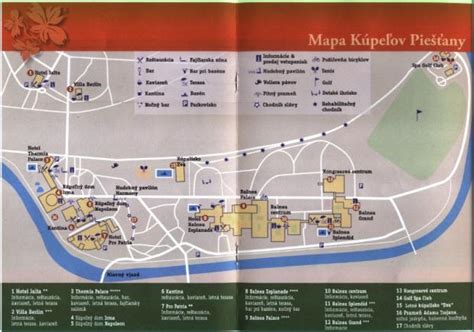 mapa Kúpeľného ostrova v Piešťanoch s vyznačenými hotelmi, liečebnými domami a atrakciami