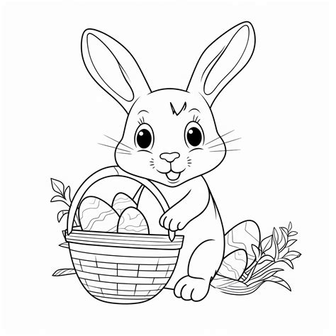 Ilustrácia veľkonočného zajaca s fúrikom plným kraslíc a malým kuriatkom, pripravená na vyfarbenie