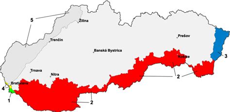 Mapa Slovenska po Viedenskej arbitráži, znázorňujúca odtrhnuté územia na juhu.