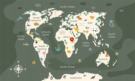 mapa sveta s kreslenými ilustráciami a sovičkou Ájou