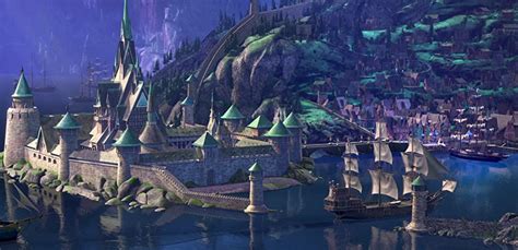 Ilustrácia kráľovstva Arendelle s hradom