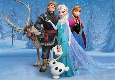 Koláž s hlavnými postavami: Elsa, Anna, Kristoff, Sven a Olaf