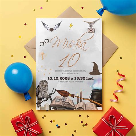 Ilustrácia pozvánky na Harry Potter oslavu s motívom listu z Rokfortu.