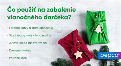 Infografika s ukážkami ekologického balenia darčekov (papier, látka, prírodné ozdoby)