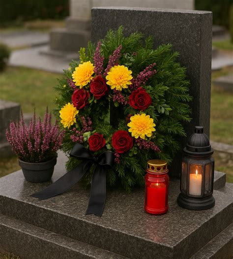 prírodná výzdoba hrobu s konármi, šuškami a živými kvetmi