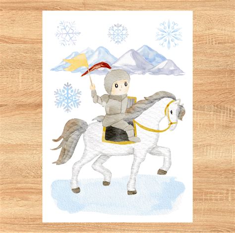 ilustrácia jazdca na bielom koni na zasneženej krajine