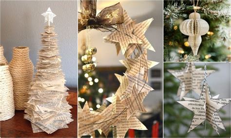 kolekcia ručne vyrobených vianočných hviezd z papiera, dreva a vlny v rustikálnom štýle na vianočnom stromčeku