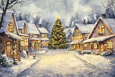 Ilustrácia s vianočnou tematikou - zasnežená dedinka s vianočným stromčekom a ľuďmi kráčajúcimi po trhu.