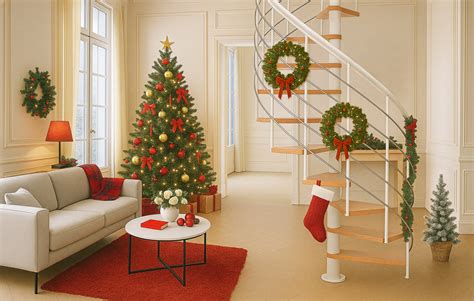 Záber na vianočne vyzdobený interiér s dominantnou dekoráciou bieleho soba na krbe alebo pod vianočným stromčekom