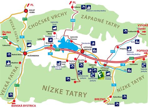 Mapa Liptova s vyznačenými turistickými atrakciami a hotelom